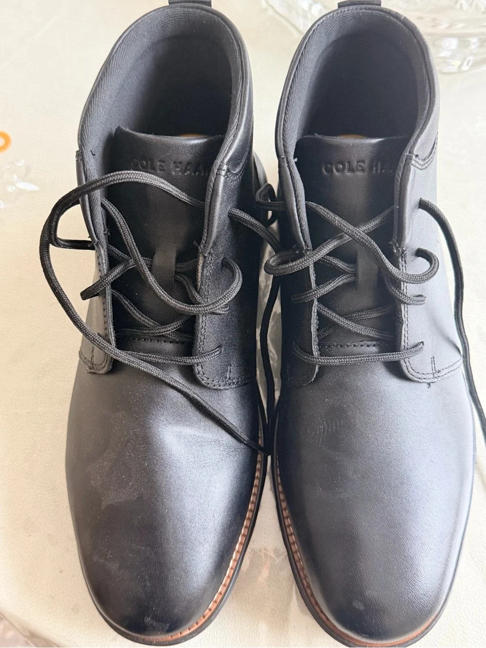 Cole Haan Black Leather Lace-Up Boat Shoes with Brown Welt